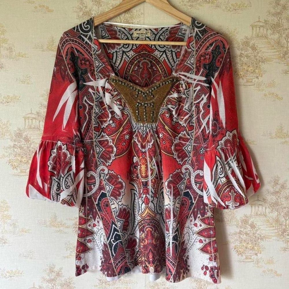 Y2K One World Boho Blouse Beaded Bell Sleeve Top Orange Embellished Fairycore S